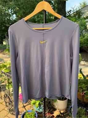 Nike Long-Sleeve Ribbed Crew Top — Gray with Yellow Swoosh
